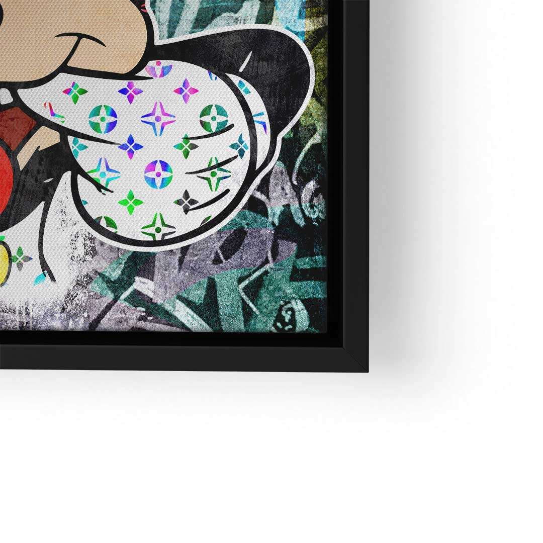 Modernes Wandbild mit Pop Art Cartoon-Motiv und buntem Graffiti-Hintergrund im schwarzen Rahmen