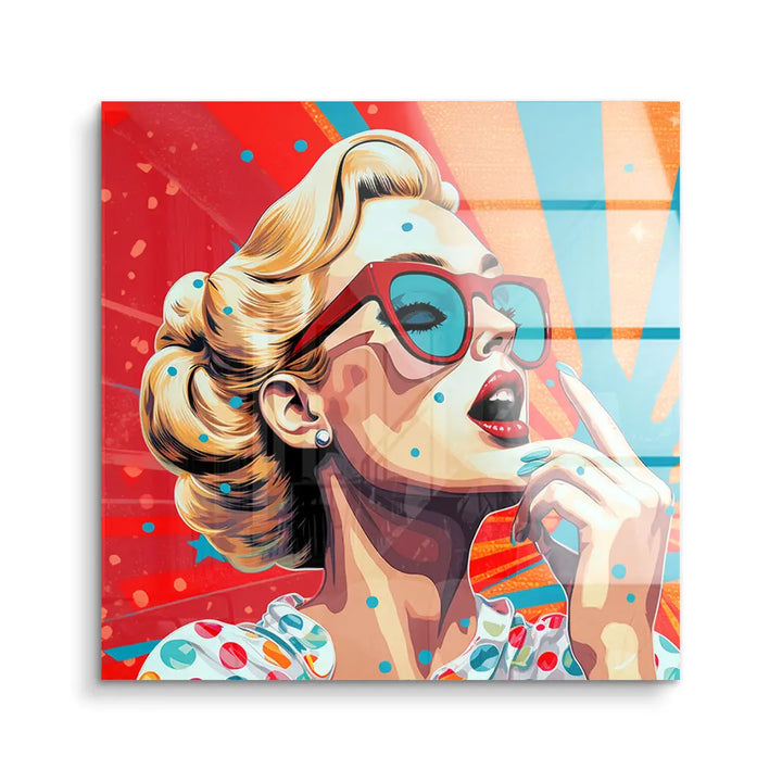 Pop Art Wandbild Frau mit Sonnenbrille, bunter Hintergrund, moderne Kunst auf Acryl