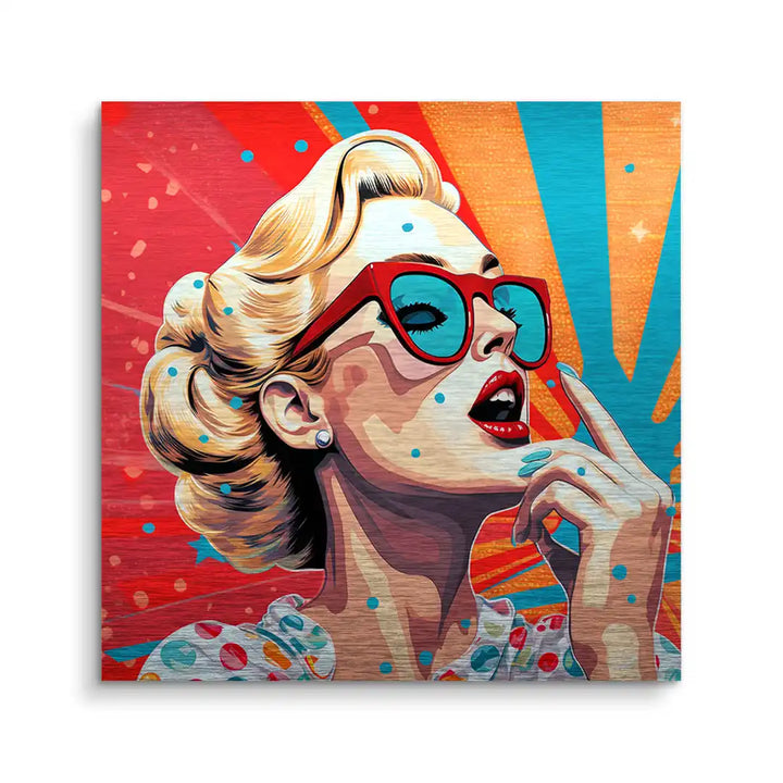 Pop Art Wandbild einer Frau mit blonden Haaren, Sonnenbrille und rotem Lippenstift vor buntem Hintergrund