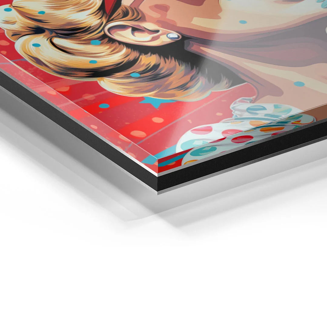 Detail eines bunten Pop Art Wandbilds auf Acrylglas mit Frauenmotiv und Retro-Design
