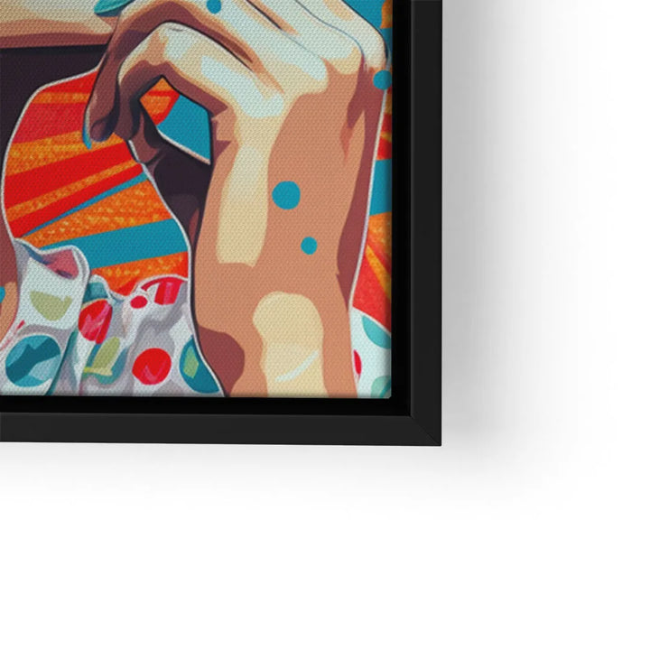 Modernes Pop Art Wandbild mit bunter Hand, Punkten und grafischen Mustern in schwarzem Rahmen.