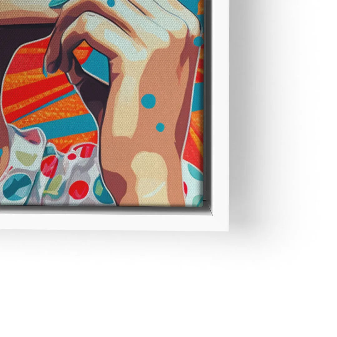 Modernes Pop Art Wandbild mit bunter Hand und geometrischen Mustern in Nahaufnahme
