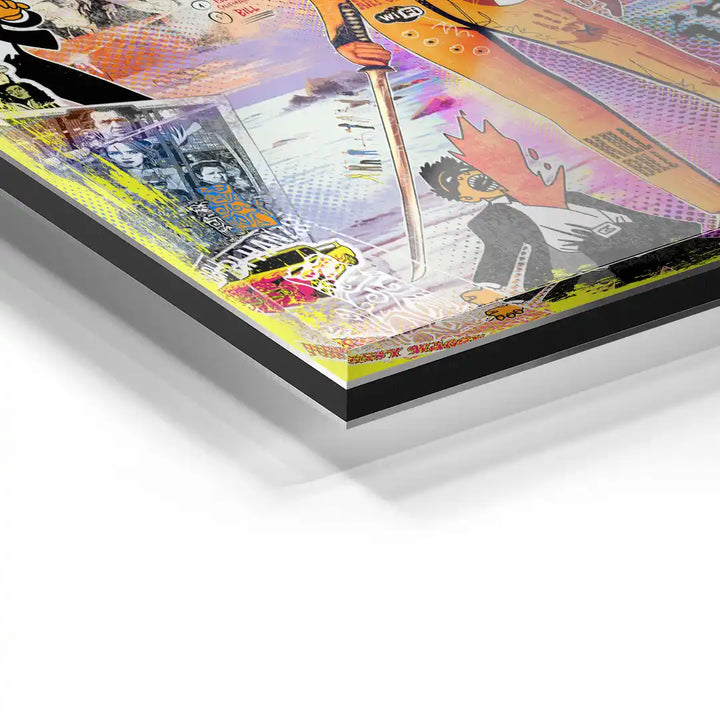 Detailaufnahme Acryl Wandbild mit Pop Art Design, Samuraifigur und Comic-Motiven, bunt