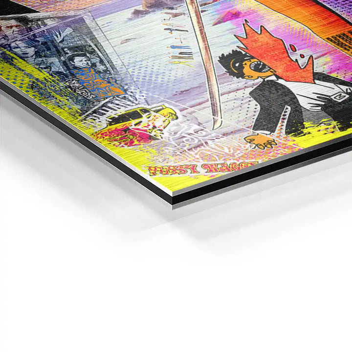 Pop Art Wandbild mit Kill Bill Motiv, Comic-Stil, bunte Details auf Acrylglasplatte