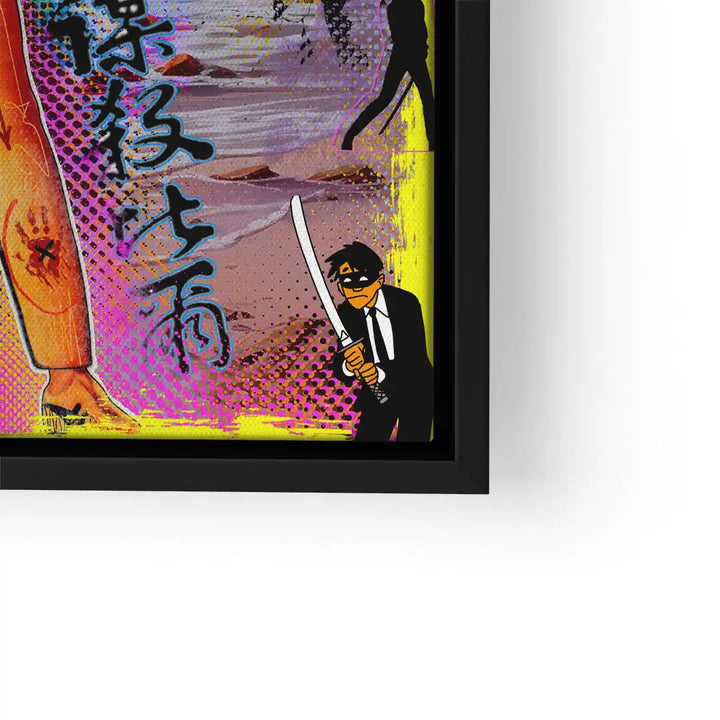 Pop Art Wandbild mit Schwertkämpfer, Comic-Stil, bunte Farben und asiatische Schriftzeichen