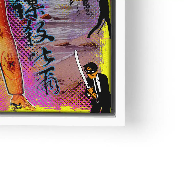 Pop Art Wandbild mit Comic-Figur im Anzug, Schwert und bunter Hintergrund, asiatische Schriftzeichen