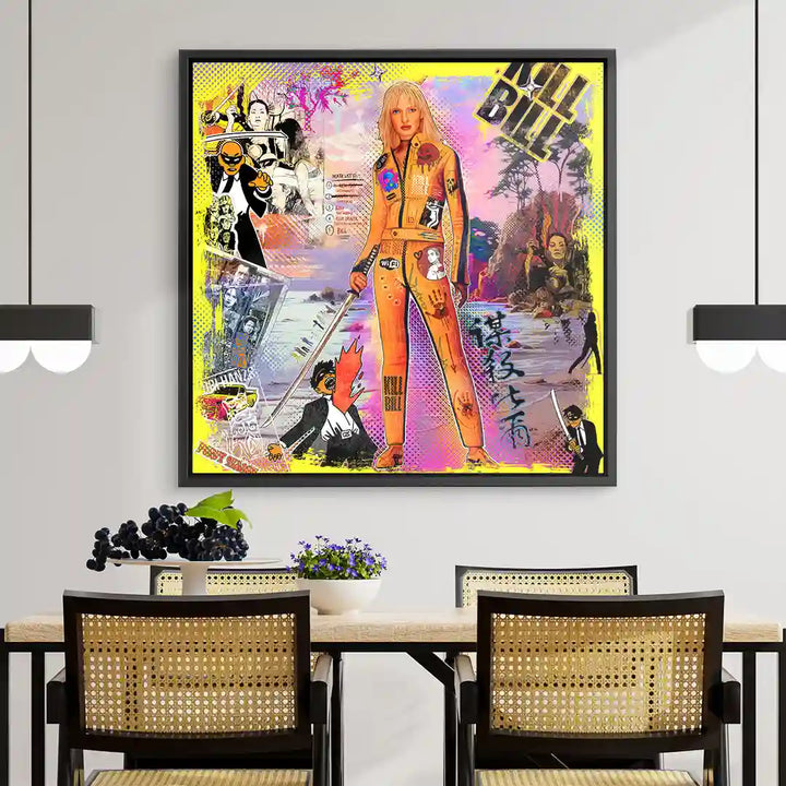 Modernes Wandbild im Pop Art Stil mit Kill Bill Motiv, gelb-orange, über Esstisch