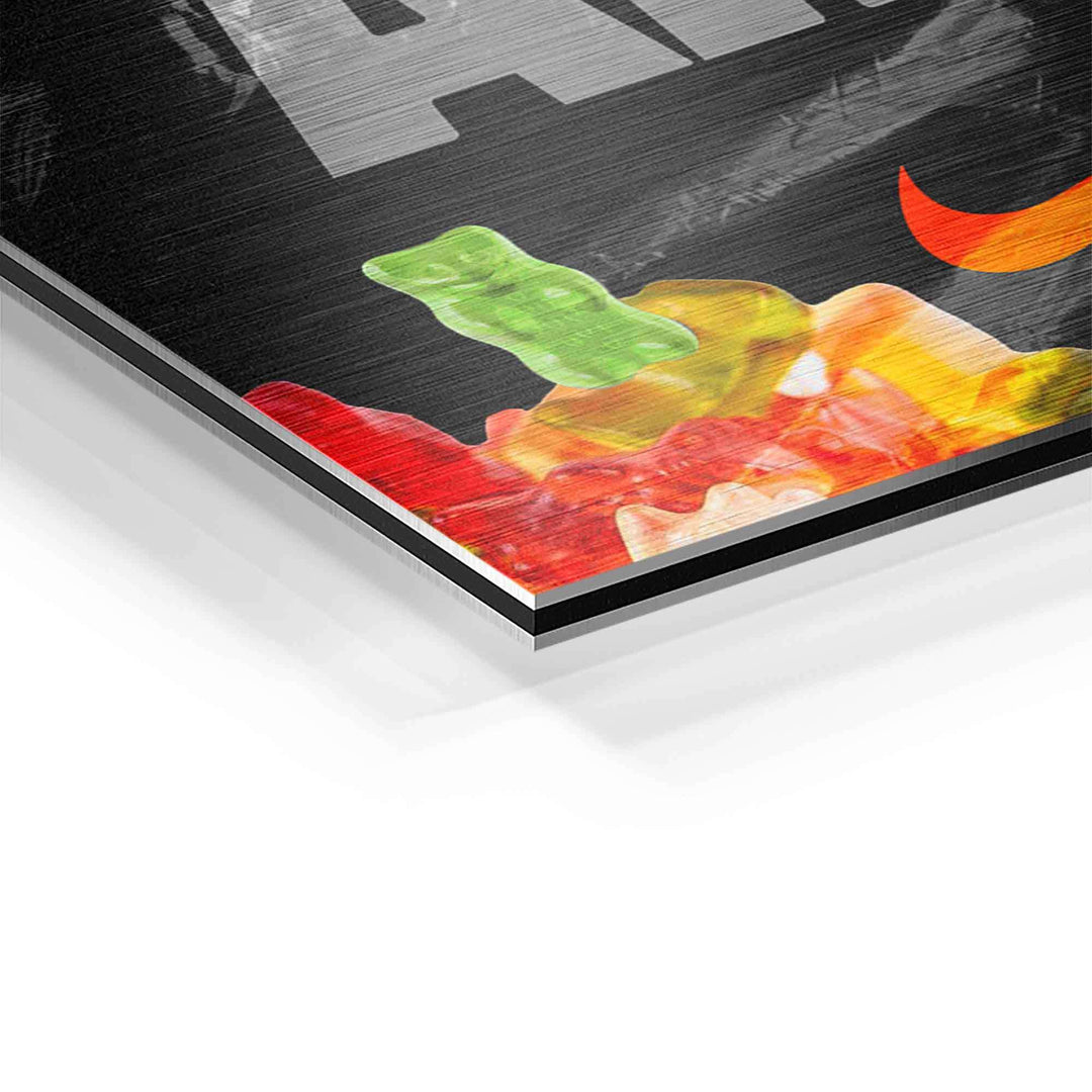 Detailaufnahme Wandbild mit bunten Gummibärchen auf Aluminium, Pop Art Stil