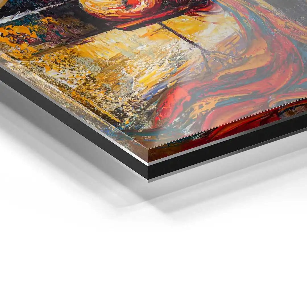Detailansicht eines farbenfrohen Klavier-Wandbilds auf Acrylglas, moderne Kunst