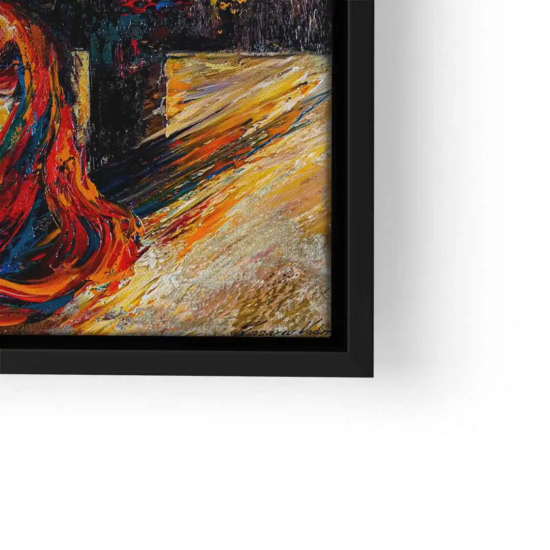 Modernes Wandbild mit abstraktem Klaviermotiv und leuchtenden Farbakzenten im schwarzen Rahmen