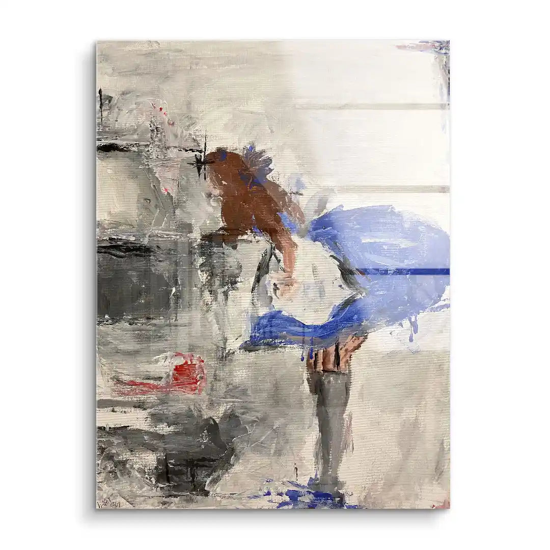 Abstraktes Wandbild einer Frau im blauen Kleid, moderne Acrylkunst in Grau- und Blautönen