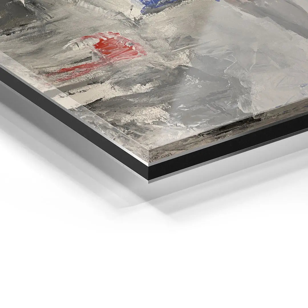 Detailansicht Acrylglas Wandbild mit abstrakter Kunst, grau, rot und blau, moderne Dekoration