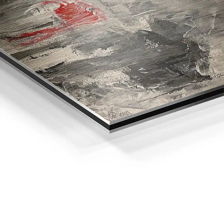 Detailansicht Wandbild auf Aluminium mit abstraktem Kleid in Grau und Rot gemalt