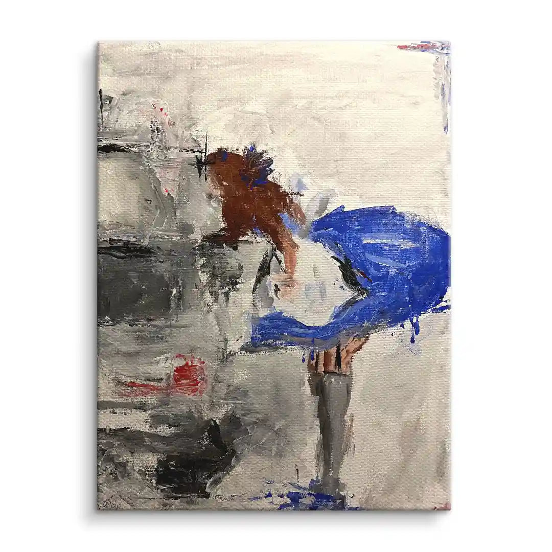 Abstraktes Wandbild mit weiblicher Figur in blauem Kleid in moderner Maltechnik