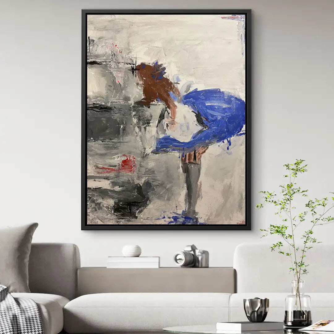 Abstraktes Wandbild einer Frau im blauen Kleid, moderne Kunst im Wohnzimmer