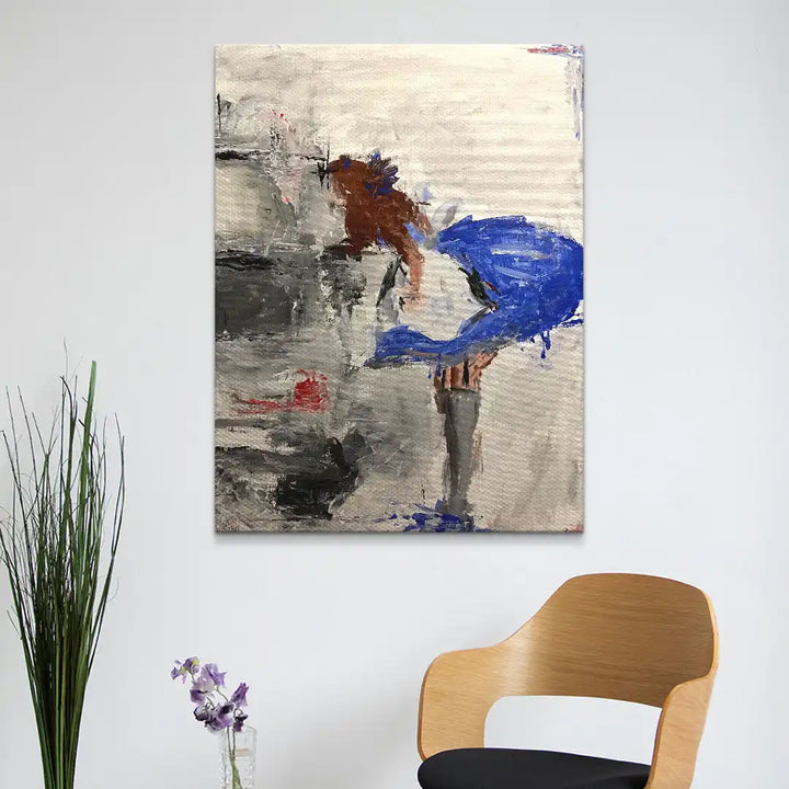 Abstraktes Wandbild einer Frau im blauen Kleid, moderne Kunst auf Leinwand im Wohnzimmer