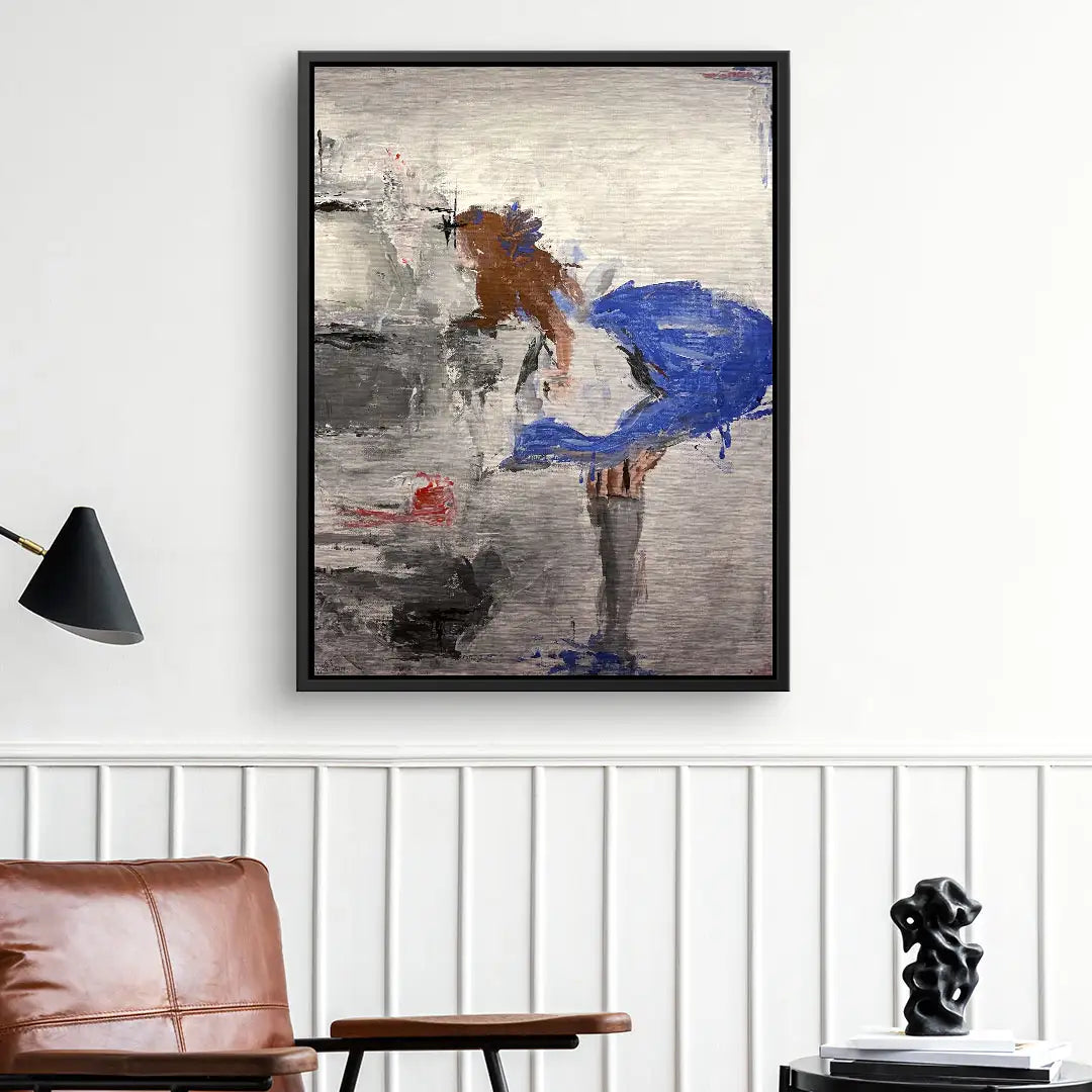 Abstraktes Wandbild mit Frau im blauen Kleid, moderne Kunst im Wohnzimmer an weißer Wand