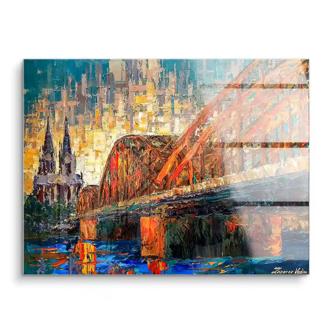 Wandbild mit Kölner Dom und Hohenzollernbrücke in moderner, bunter Acrylkunst