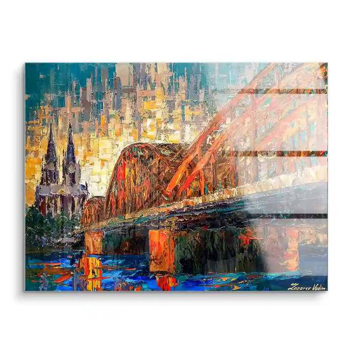 Wandbild mit Kölner Dom und Hohenzollernbrücke in moderner, bunter Acrylkunst