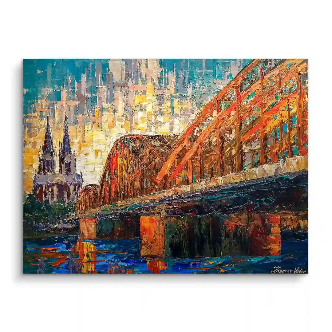 Künstlerisches Wandbild von Kölner Dom und Hohenzollernbrücke in bunten Farben