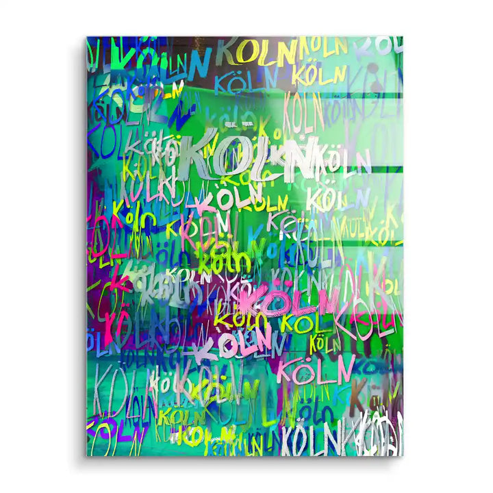 Modernes Acryl Wandbild mit buntem Köln Schriftzug auf grün-blauem Hintergrund