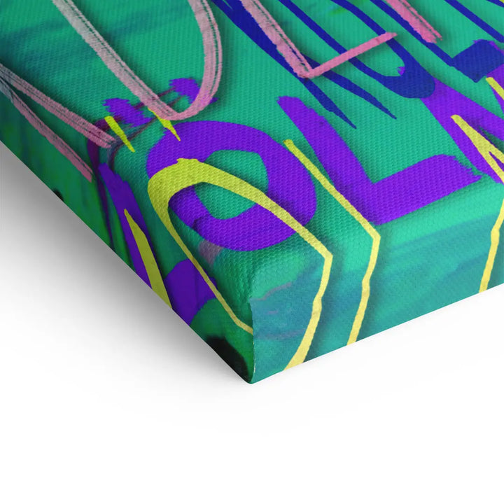 Detailaufnahme Wandbild Köln, bunte Schrift auf Leinwand, modernes Kunstbild
