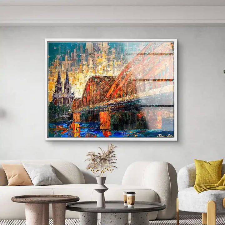 Modernes Wandbild mit Kölner Dom und Hohenzollernbrücke in bunten Farben im Wohnzimmer