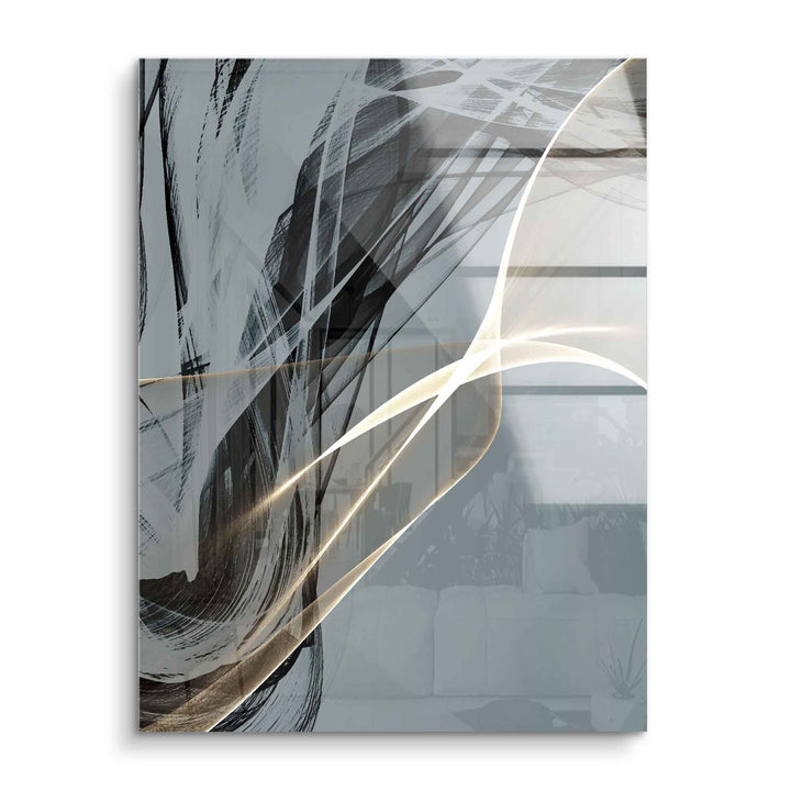 Abstraktes Wandbild mit schwarzen und weißen Pinselstrichen auf Acrylglas, moderne Kunst