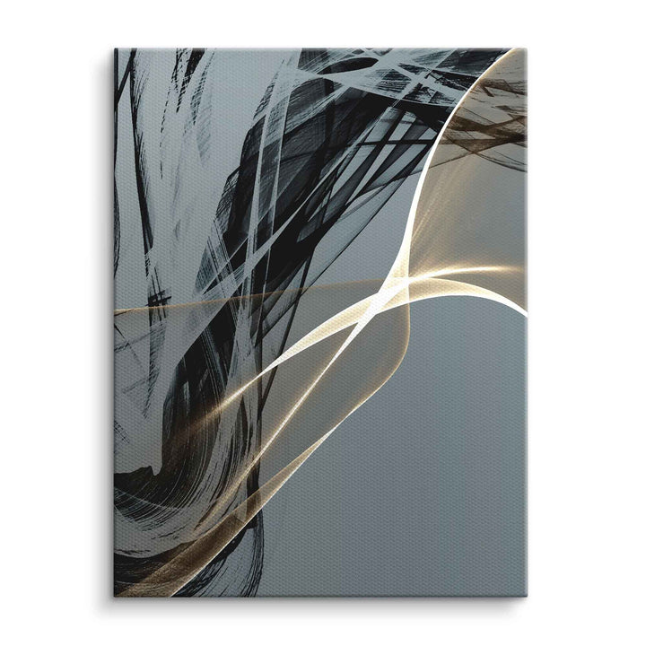 Abstraktes Wandbild mit schwarzen, weißen und goldenen Linien auf grauem Hintergrund