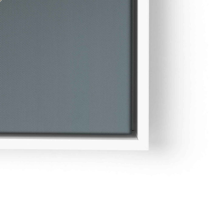Detailaufnahme einer abstrakten Wandbild-Leinwand im weißen Rahmen mit grauer Strukturfläche
