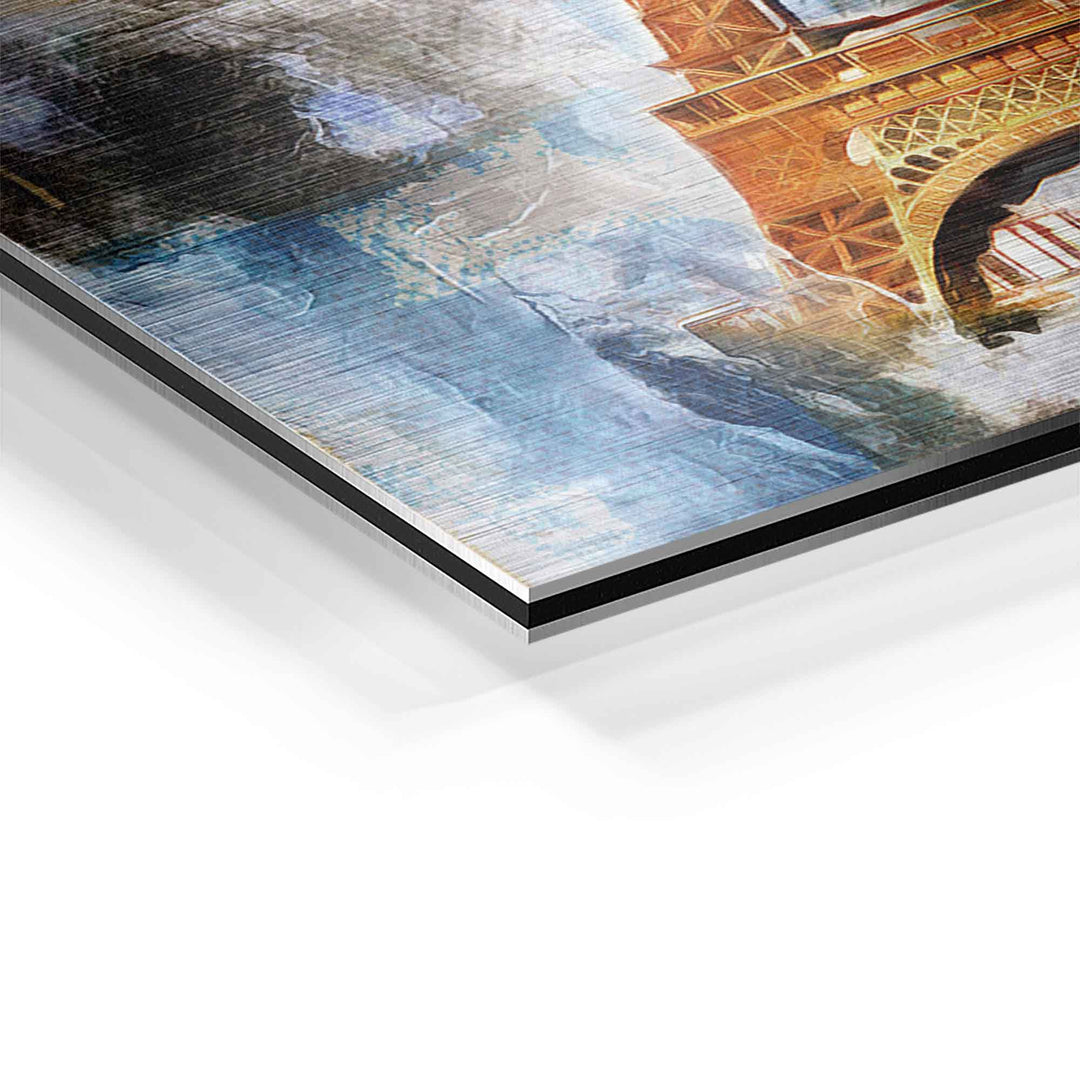 Detail eines modernen Wandbilds mit abstraktem Eiffelturm-Motiv auf Acrylglas