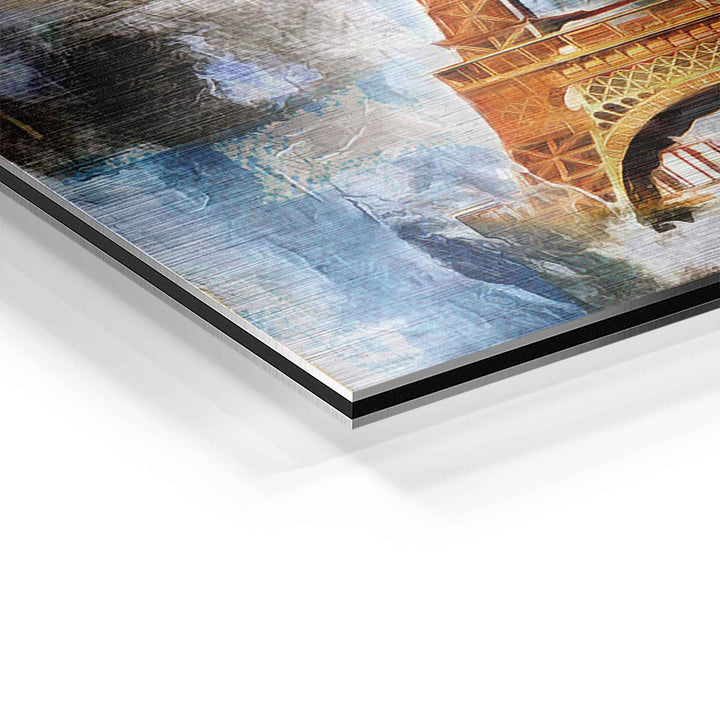 Detail eines modernen Wandbilds mit abstraktem Eiffelturm-Motiv auf Acrylglas