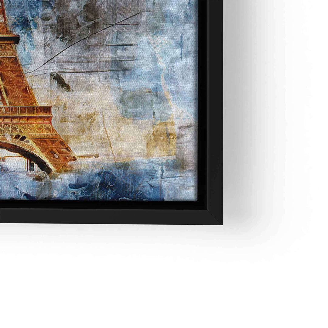 Kreatives Wandbild mit Eiffelturm, künstlerisch auf Leinwand, blau-goldene Farbtöne
