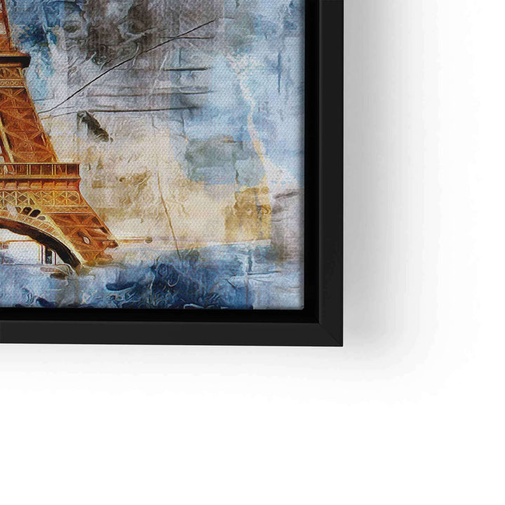 Kreatives Wandbild mit Eiffelturm, künstlerisch auf Leinwand, blau-goldene Farbtöne