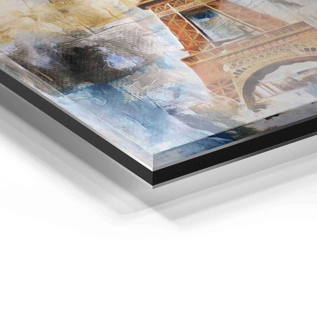 Modernes Wandbild auf Acrylglas mit kreativem Eiffelturm-Motiv und abstrakten Farben