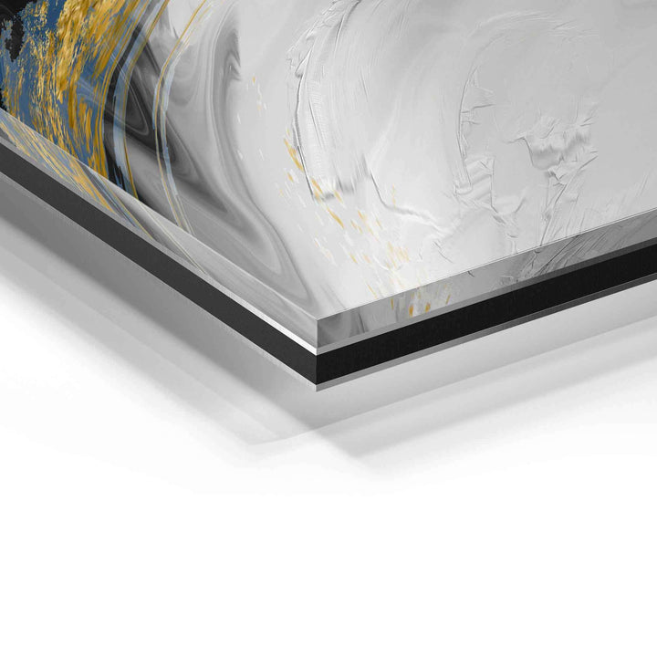 Detail eines modernen Wandbilds in Schwarz, Gold und Weiß auf Acrylglas, abstrakte Kunst