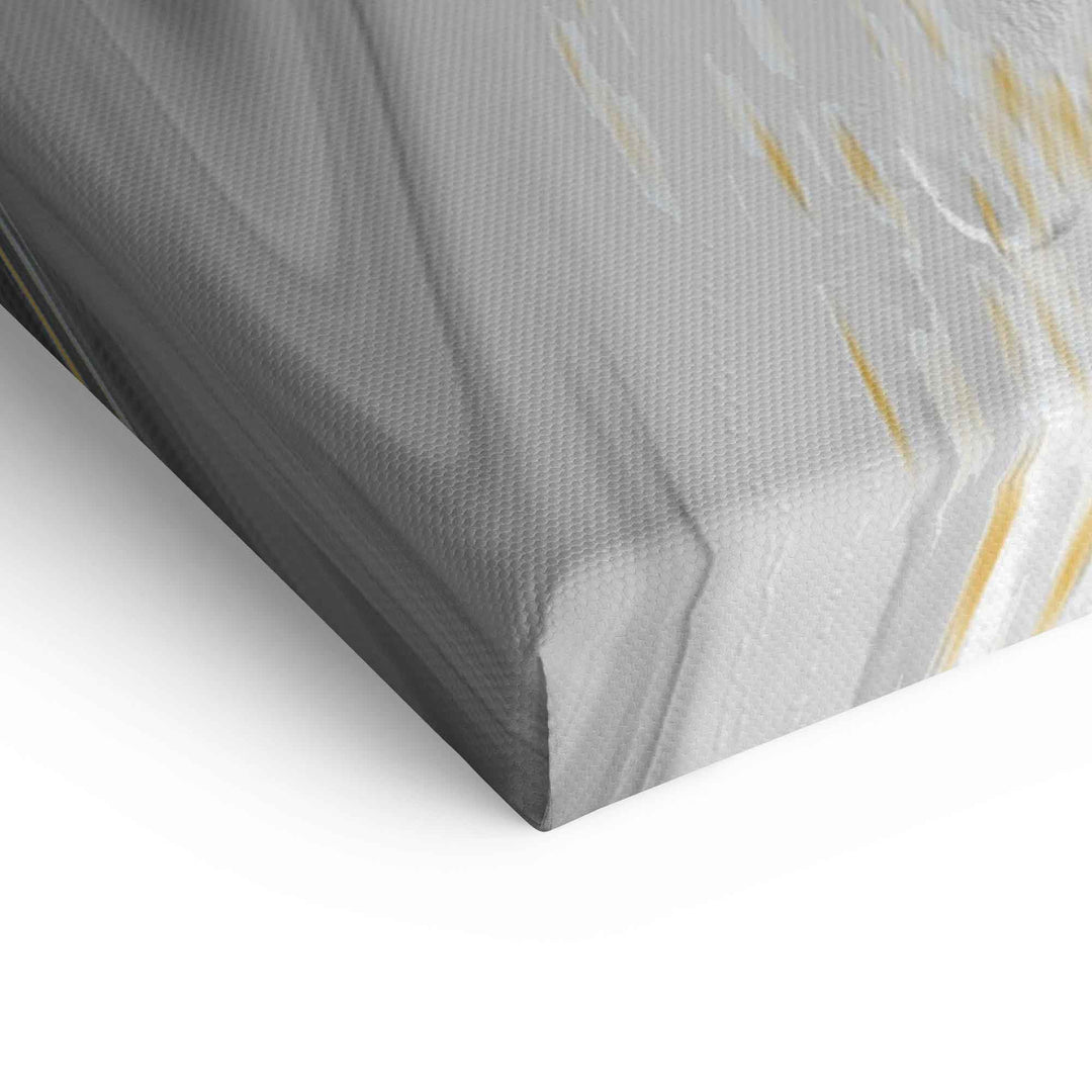 Detailansicht Leinwand mit abstrakter Kunst in Schwarz, Gold und Weiß, moderne Wanddekoration