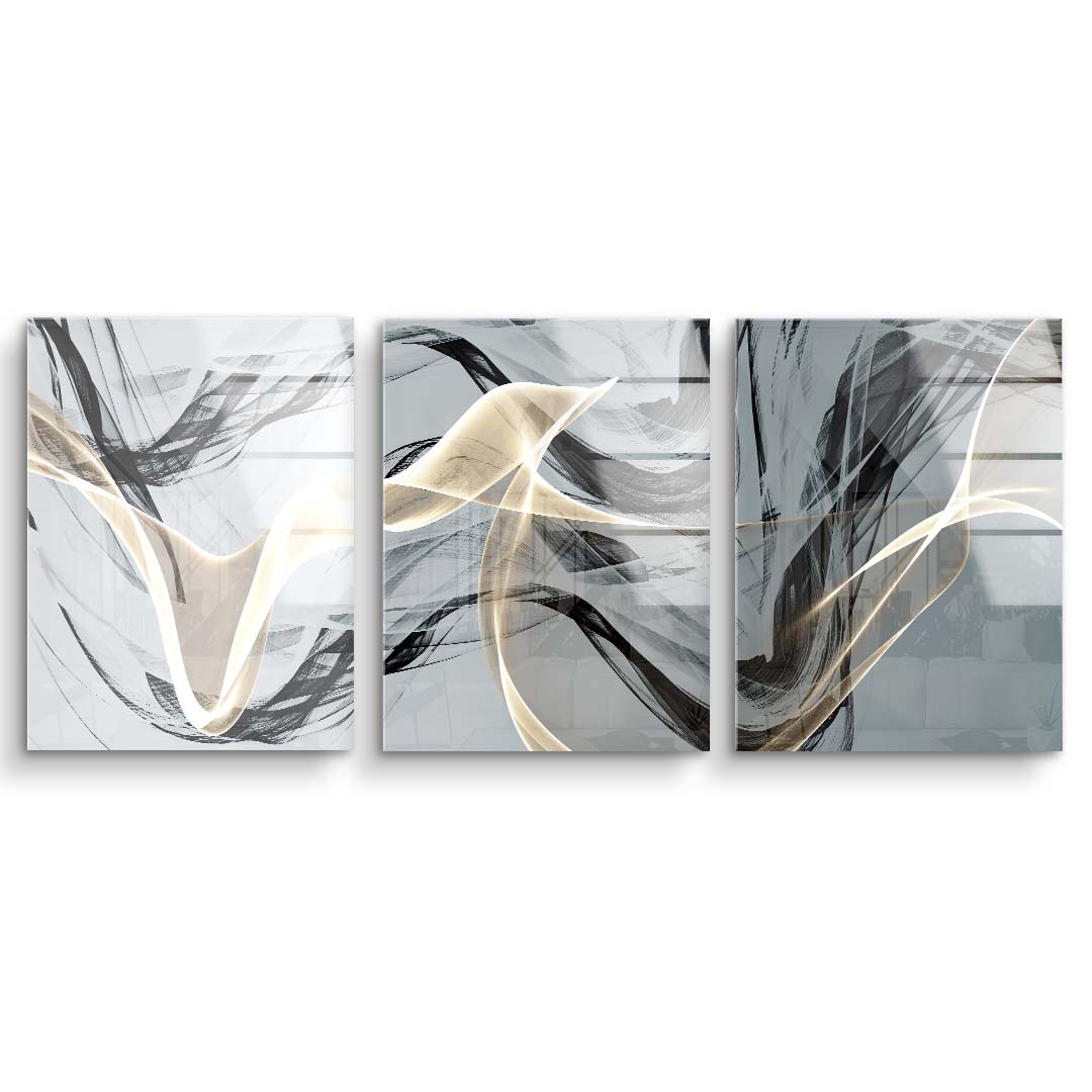 Abstraktes Wandbild-Set mit fließenden schwarzen und beigen Linien auf hellem Hintergrund