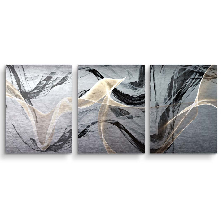 Abstraktes Wandbild Triptychon mit fließender Linienkunst in Grau und Beige auf Leinwand