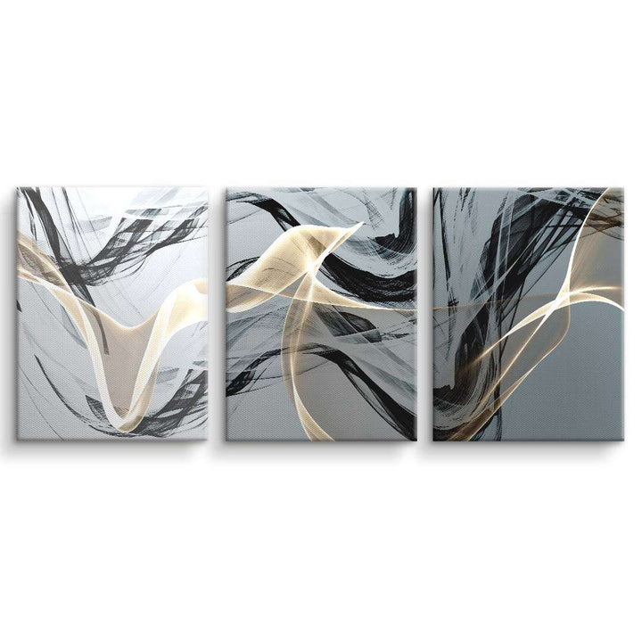 Abstraktes Wandbild Triptychon in Grau, Schwarz und Beige mit fließenden Linien auf Leinwand