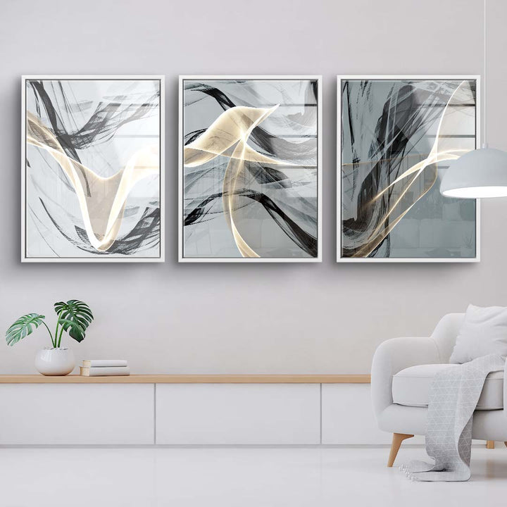 Modernes abstraktes Wandbild mit fließenden Formen in Schwarz, Beige und Grau im Wohnzimmer