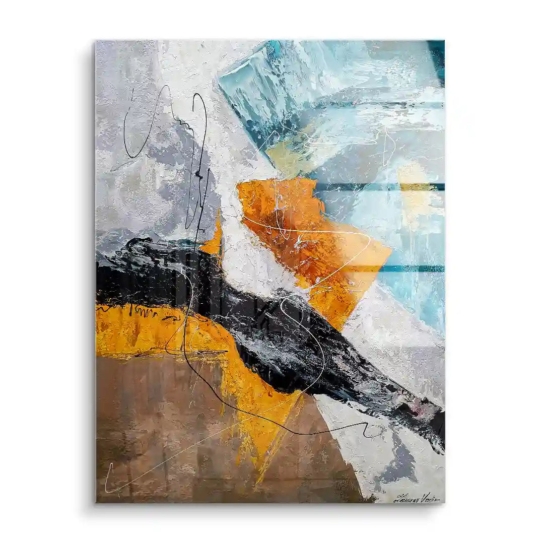 Abstraktes Acryl Wandbild mit orange, schwarz und blauen dynamischen Formen, moderne Kunst