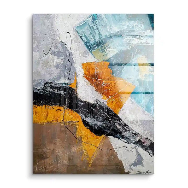 Abstraktes Acryl Wandbild mit orange, schwarz und blauen dynamischen Formen, moderne Kunst
