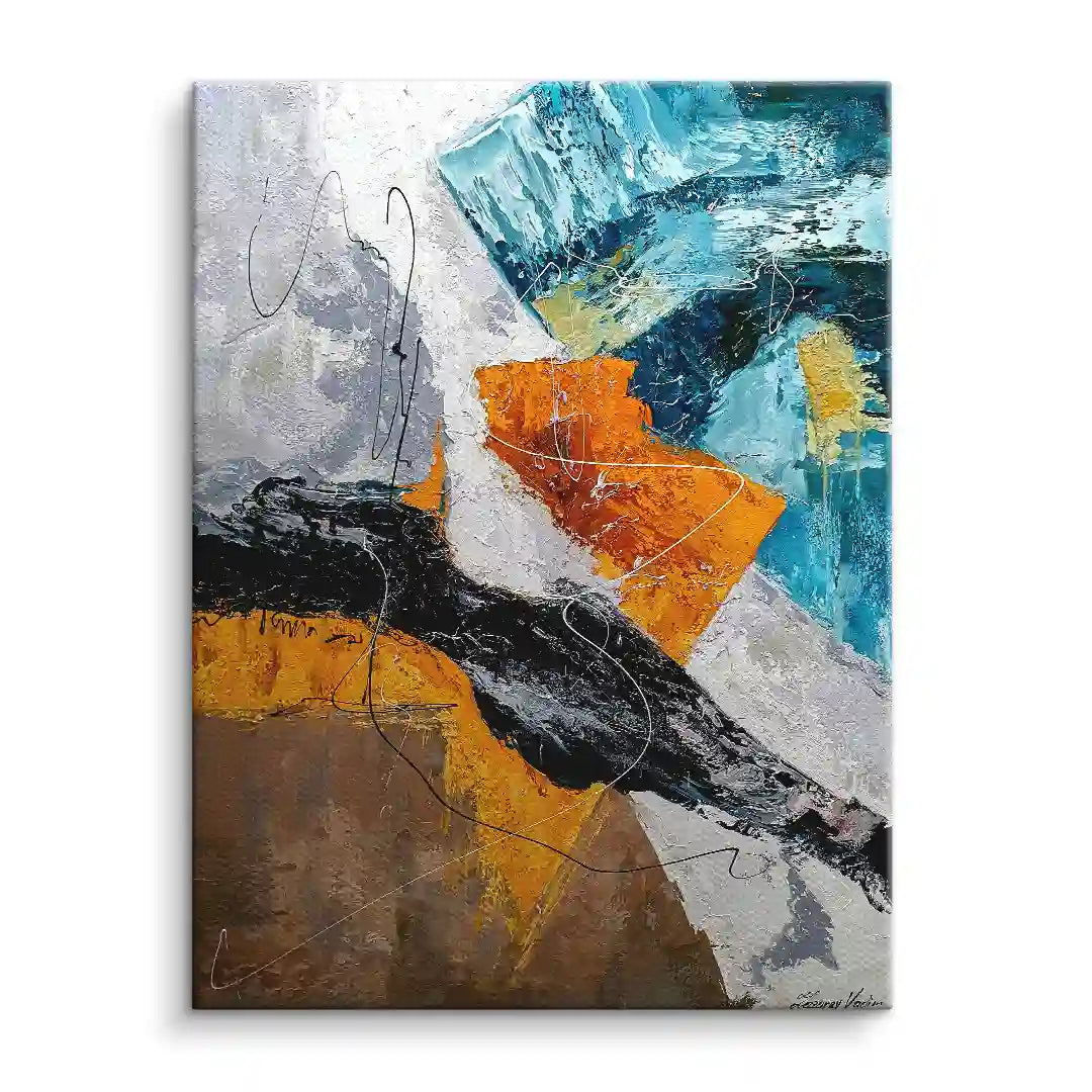 Abstraktes Wandbild auf Leinwand mit dynamischen Pinselstrichen in Blau, Orange und Schwarz