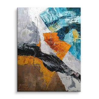 Abstraktes Wandbild auf Leinwand mit dynamischen Pinselstrichen in Blau, Orange und Schwarz