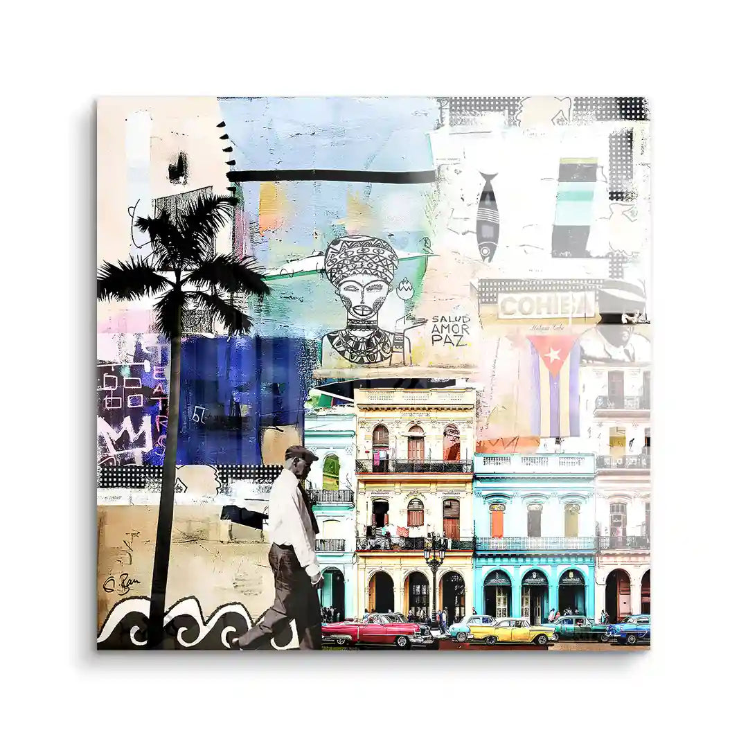 Modernes Wandbild La Habana mit Oldtimern, Palmen und bunten Häusern im kubanischen Stil