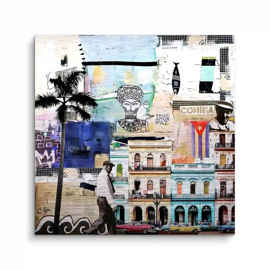 Künstlerisches Wandbild La Habana mit Oldtimern, Palmen und bunten Häusern in Kuba Collage-Stil