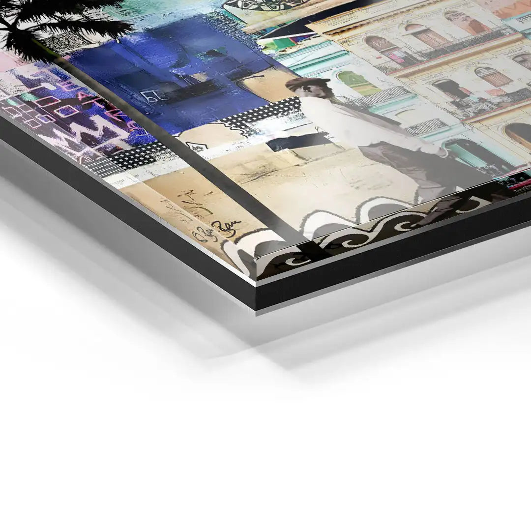 Detailansicht Acrylglas Wandbild La Habana, farbenfrohe Collage mit Architektur und Figur