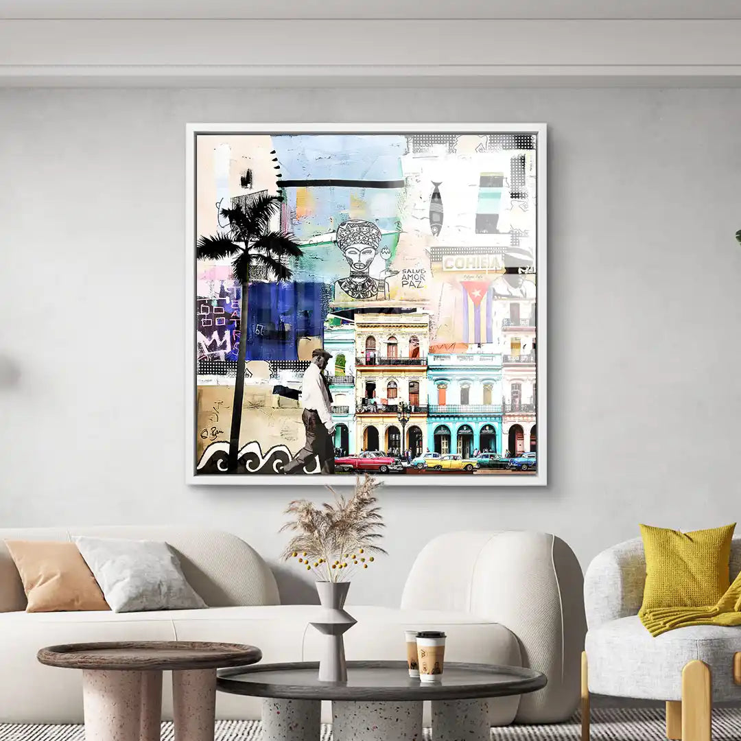 Wohnzimmer mit modernem Wandbild, Kuba Collage, Oldtimer, bunte Häuser und Palmen