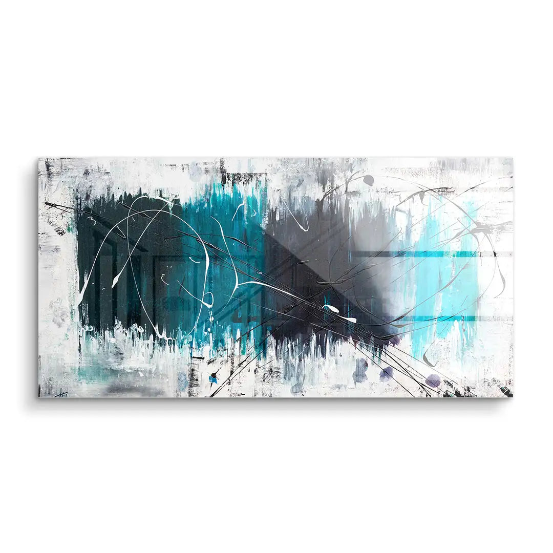 Abstraktes Wandbild in Blau, Schwarz und Weiß mit dynamischen Pinselstrichen und Linien